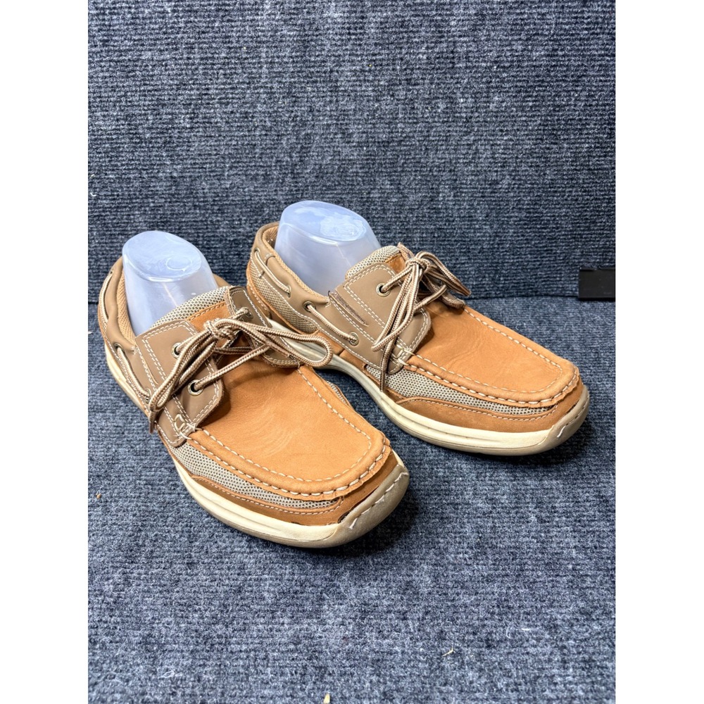 Thom McAn Mens Tan Leather Mesh Boat Shoes Lace Up Loafers Size 9.5
